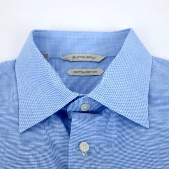 SuitSupply Blue Houndstooth Egyptian Cotton Button Up Dress Shirt Size 15 3/4 L - Picture 2 of 14